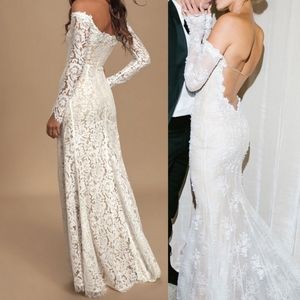 Romance Dreamer White Lace Off-the-Shoulder Wedding Gown - Lulu’s Hailey Bieber